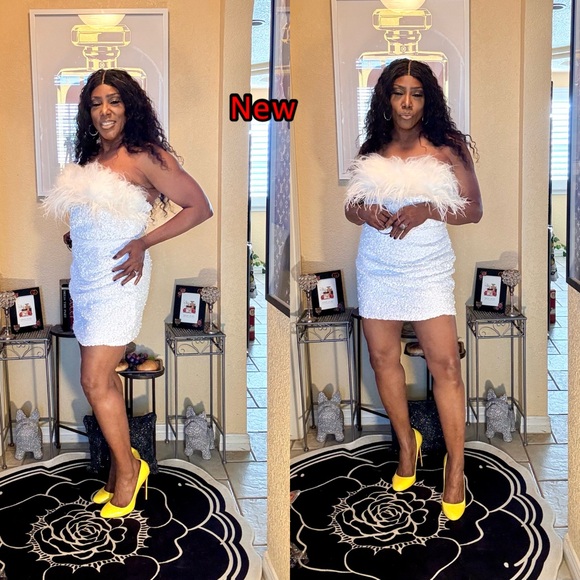 White Strapless Dress with Furry Trim - Picture 4 of 13